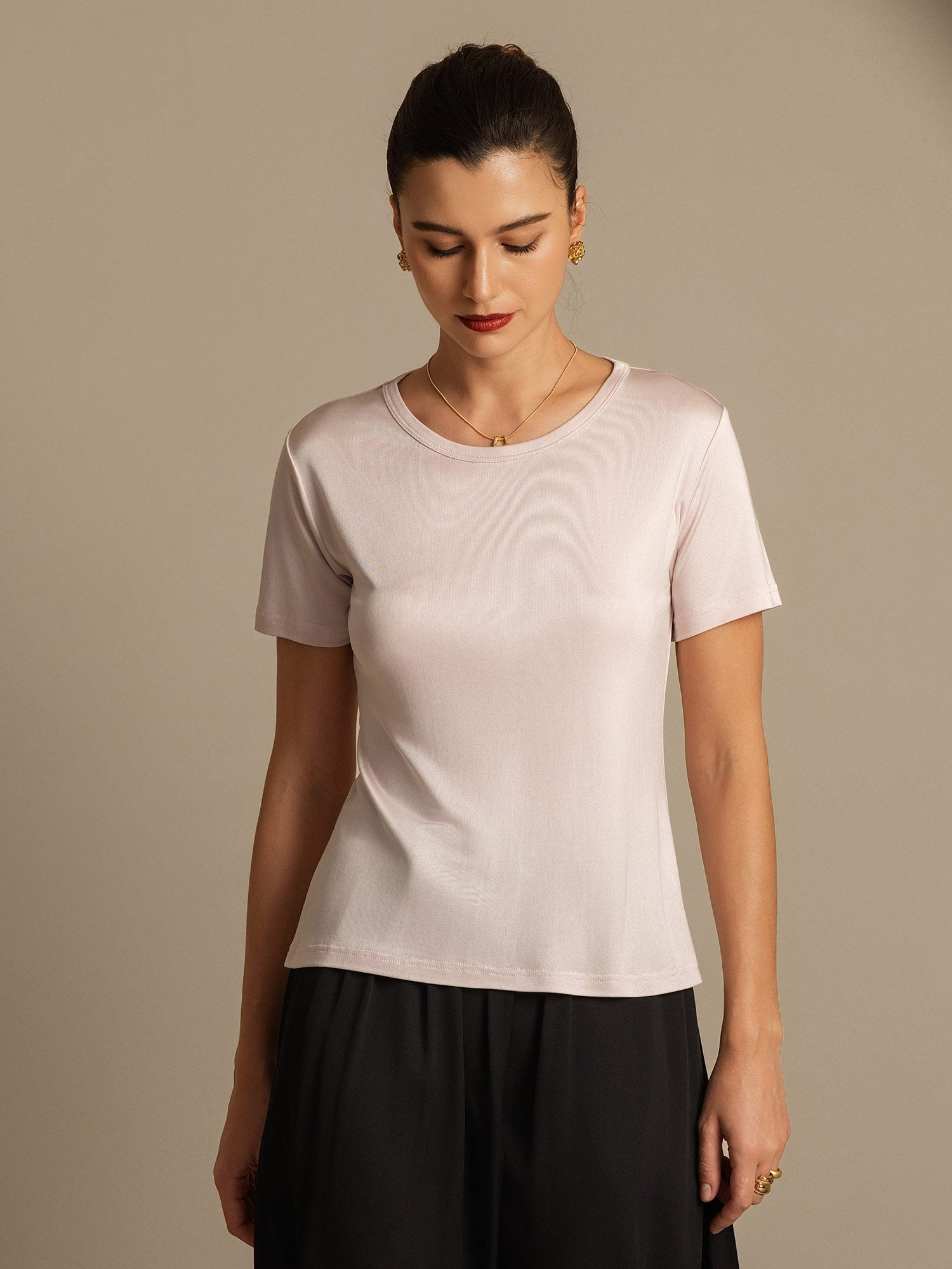 [Rose Clair] SilkSilky-FR Soie Tricotée Col Rond Femme T-Shirt 006,