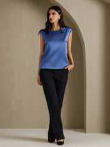 [Bleu Canard Véritable] SilkSilky-FR Cap Sleeve Round Neck Femme T-Shirt 005