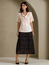 [Beige] SilkSilky-FR Short Sleeve Cowl Neck Blouse 005