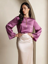 [Violet Foncé] SilkSilky-FR Long Sleeve Boat Neck Blouse 004