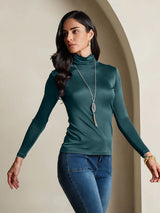 [Vert Foncé] SilkSilky-FR Manches longues Col Roulé Femme T-Shirt 003