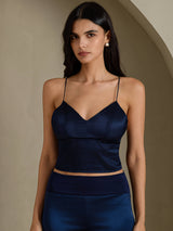 [Bleu Foncé] SilkSilky-FR Spaghetti Strap V Neck Top À Fines Brides 001