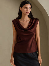 [Chocolat Noir] SilkSilky-FR Cap Sleeve Cowl Neck Femme T-Shirt 001