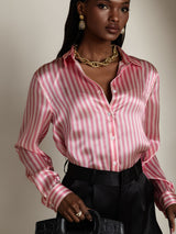 [Rayure Rose] SilkSilky-FR Long Sleeve Lapel Collar Femme Chemise 001