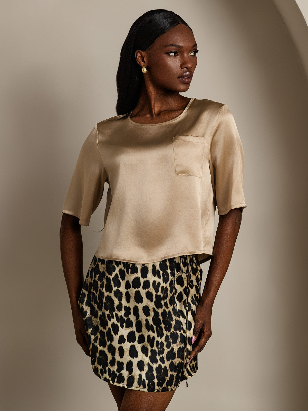 [Champagne] SilkSilky-FR Pure Soie Manches mi-longues Col Bateau Femme T-Shirt 001