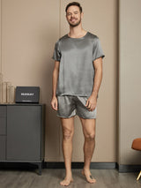 [Gris Foncé] SilkSilky-FR Pure Soie Manches courtes Col Rond Homme Pyjamas 005