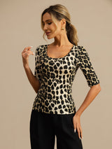 [Leopard] SilkSilky-FR Manches mi-longues Encolure Dégagée Femme T-Shirt 003