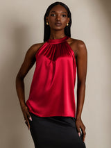 [Rouge Vineux] SilkSilky-FR 19Momme Sans manches Col Halter Femme T-Shirt 004