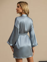[Bleu Grisâtre] SilkSilky-FR 3/4 Sleeve Femme Peignoir 002