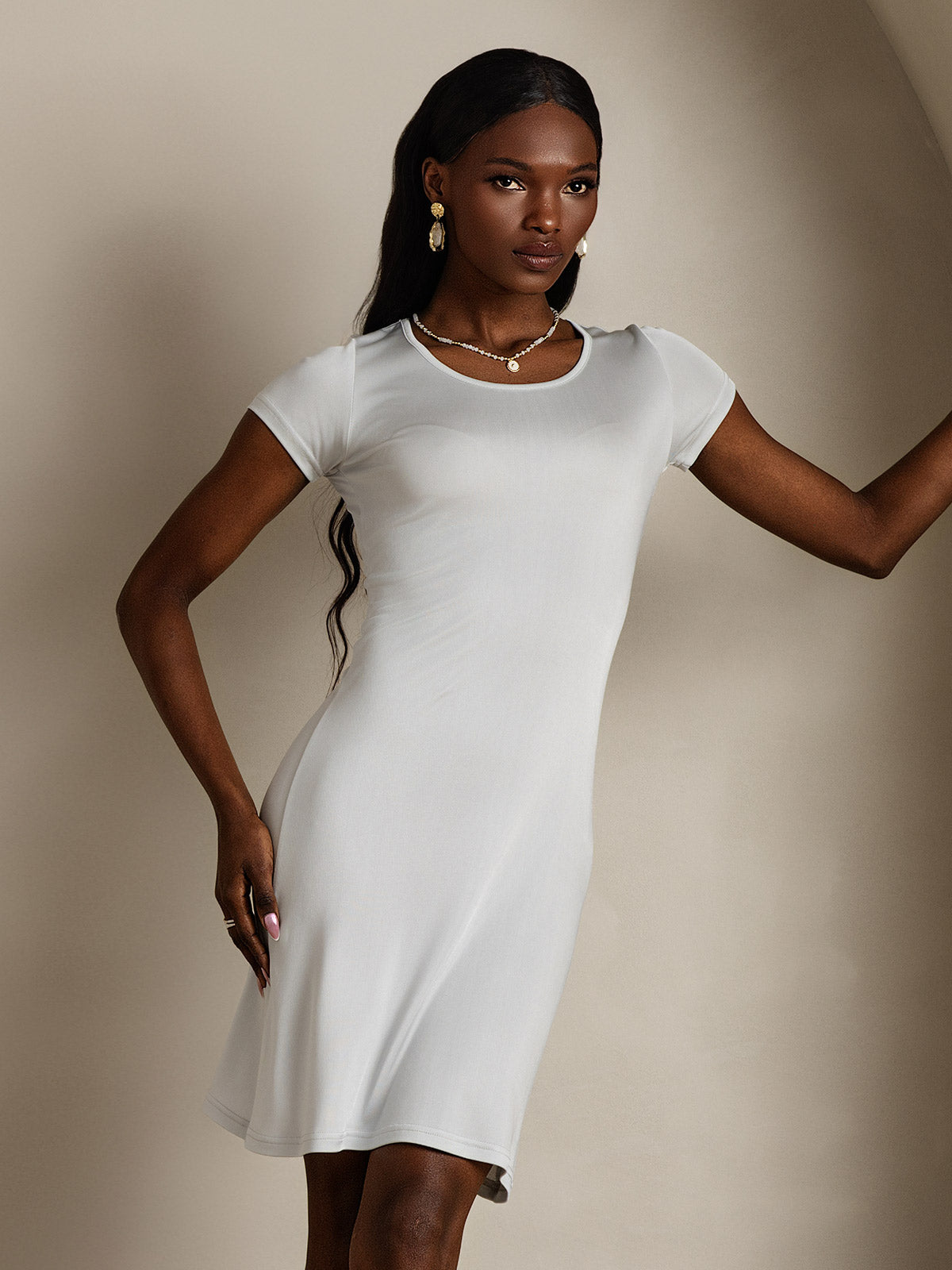 [Blanc] SilkSilky-FR Soie Tricotée Col Rond Chemises de nuit 004,