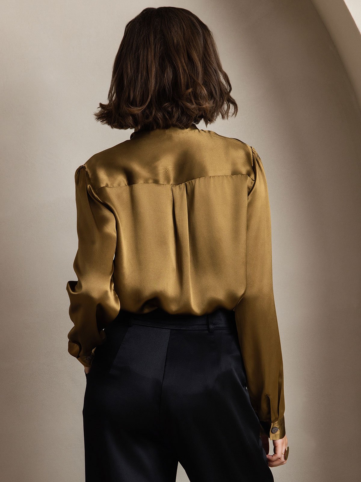 [Brun] SilkSilky-FR 19Momme Manches longues À Nouer Blouse 002