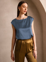 [Bleu Canard Véritable] SilkSilky-FR Cap Sleeve Round Neck Femme T-Shirt 003