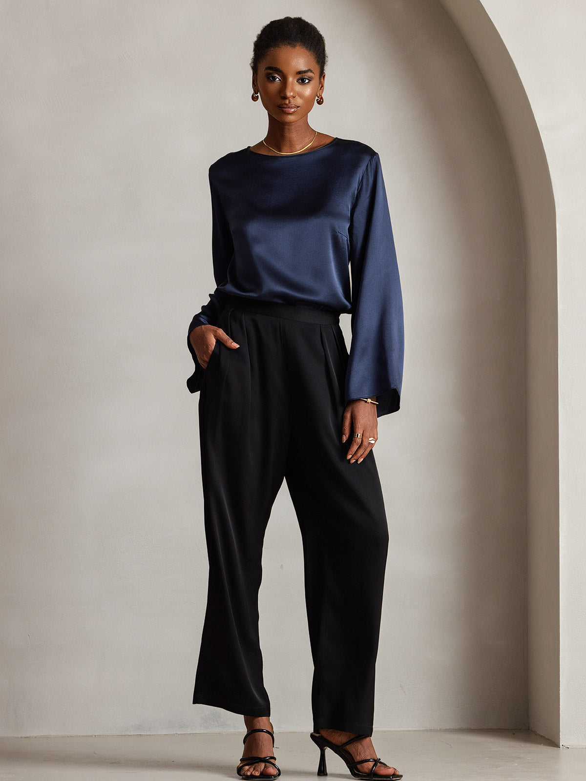 [Bleu Foncé] SilkSilky-FR 19Momme Manches longues Col Bateau Blouse 007