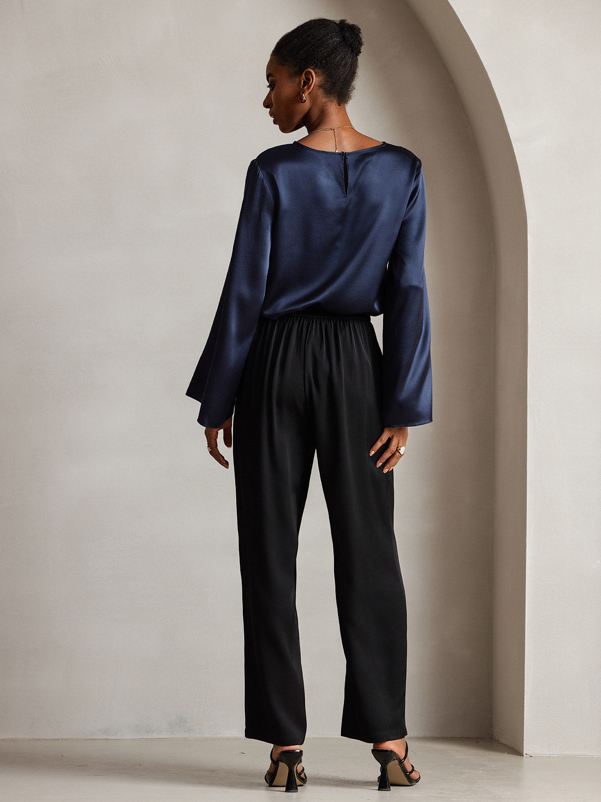 [Bleu Foncé] SilkSilky-FR 19Momme Manches longues Col Bateau Blouse 002