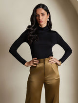 [Noir] SilkSilky-FR Manches longues Col Roulé Femme T-Shirt 003