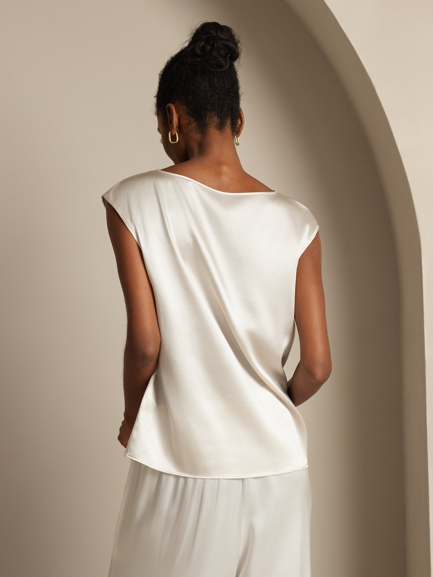 [Blanc] SilkSilky-FR Cap Sleeve Round Neck Femme T-Shirt 002