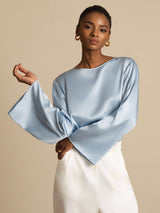 [Bleu Grisâtre] SilkSilky-FR Long Sleeve Boat Neck Blouse 004