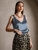 [Bleu Canard Véritable] SilkSilky-FR Sleeveless V Neck Top À Fines Brides 004