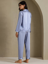[Bleu Acier] SilkSilky-FR Long Sleeve Lapel Collar Femme Pyjamas 002