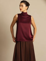 [Rouge Foncé] SilkSilky-FR 19Momme Sans manches Col Haut Blouse 008