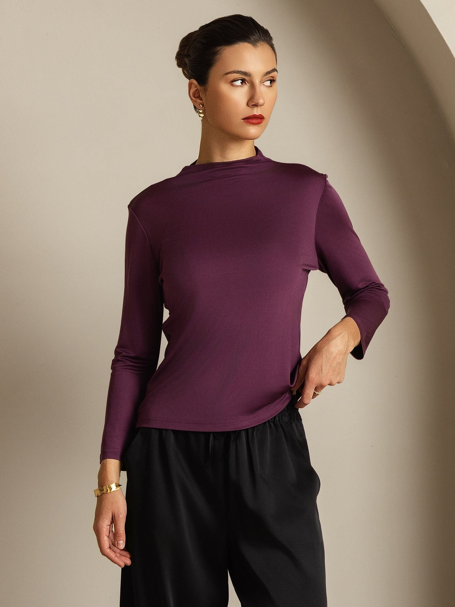 [Violette] SilkSilky-FR Soie Col Haut Femme T-Shirt 009