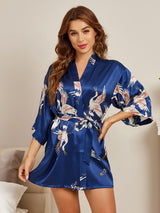 [Bleu Foncé] SilkSilky-FR 3/4 Sleeve Femme Peignoir 003
