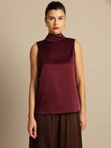 [Rouge Foncé] SilkSilky-FR 19Momme Sans manches Col Haut Blouse 003