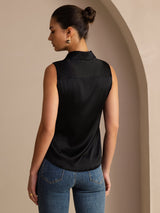 [Noir] SilkSilky-FR Sleeveless Lapel Collar Femme Chemise 002