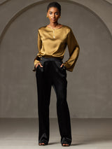 [Brun] SilkSilky-FR Long Sleeve Boat Neck Blouse 008