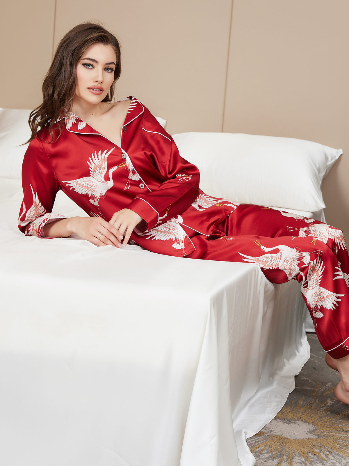 [Rouge Foncé] SilkSilky-FR 19Momme Pure Soie Womens Pajamas 008