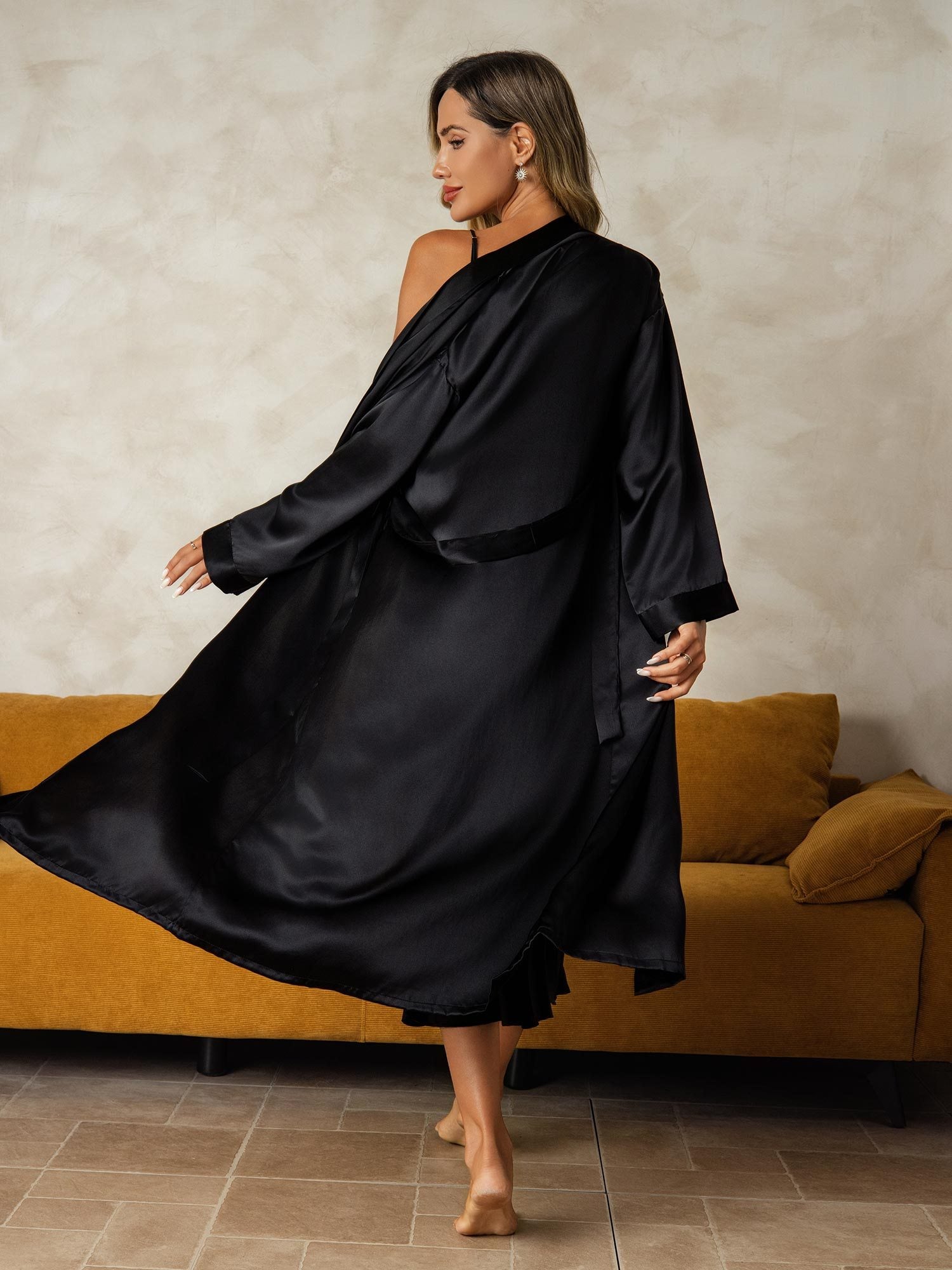 [Noir] SilkSilky-FR Soie Nightgown&Robe Set 002