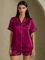 [Fuchsia] SilkSilky-FR Short Sleeve Lapel Collar Femme Pyjamas 001