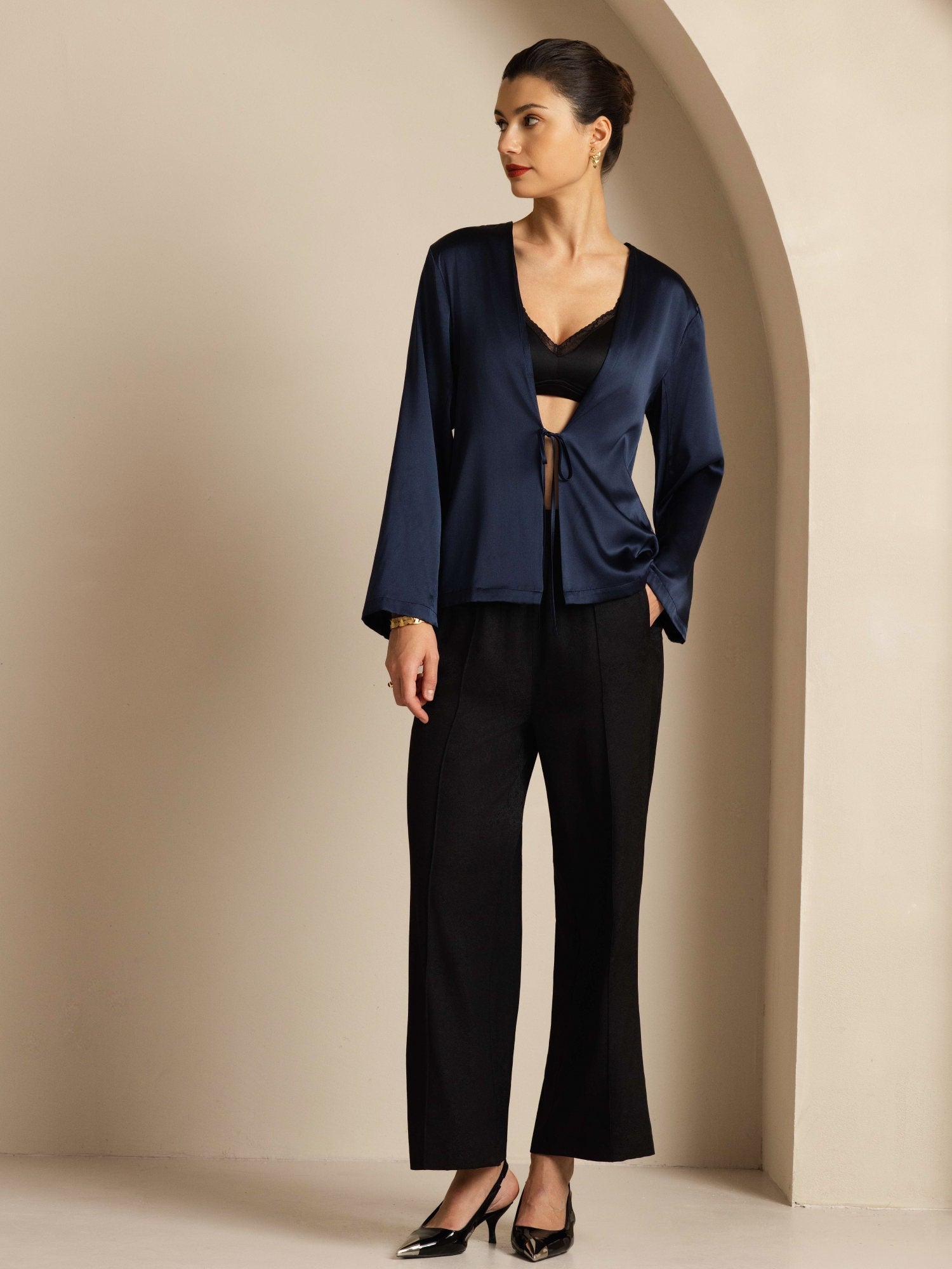 [Bleu Foncé] SilkSilky-FR 19Momme Manches longues Femme Manteaux 004