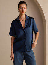 [Bleu Foncé] SilkSilky-FR Short Sleeve Notch Collar Femme Chemise 001