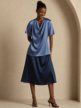 [Bleu Canard Véritable] SilkSilky-FR Short Sleeve Cowl Neck Blouse 006