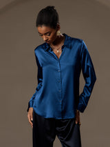 [Bleu Royal] SilkSilky-FR Long Sleeve Lapel Collar Femme Chemise 005