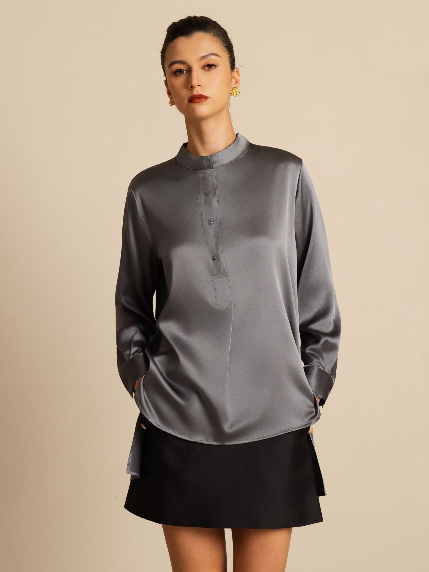 [Gris Foncé] SilkSilky-FR 19Momme Soie Manches longues Col Montant Blouse 004