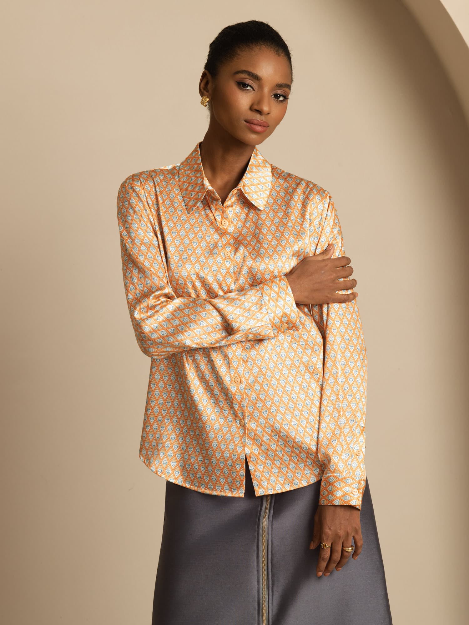 [Floral] SilkSilky-FR Soie Manches longues Col Chemise Femme Chemise 001