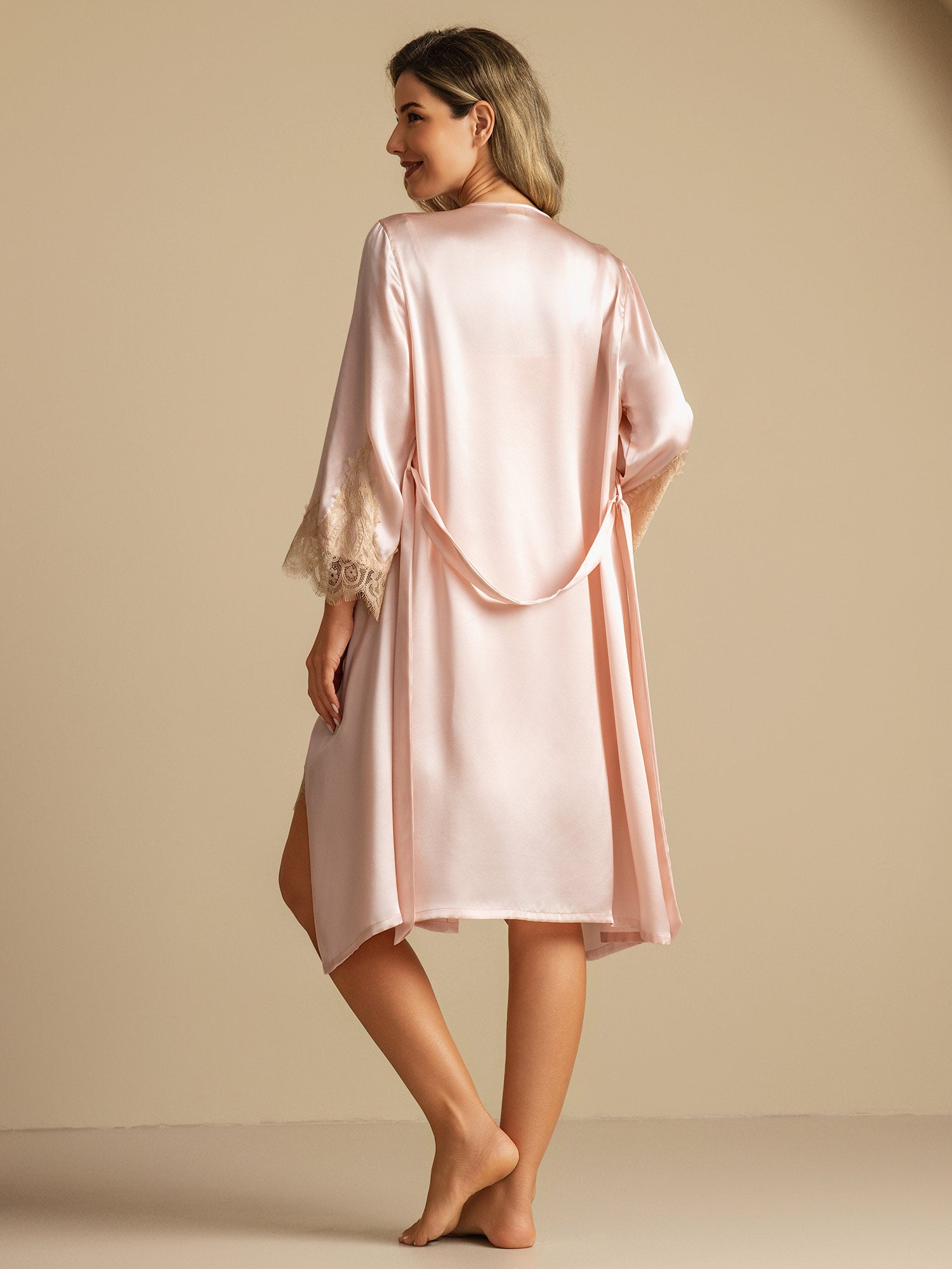 [Rose] SilkSilky-FR Trois-quart Col V Peignoir&Robe de Chambre 002