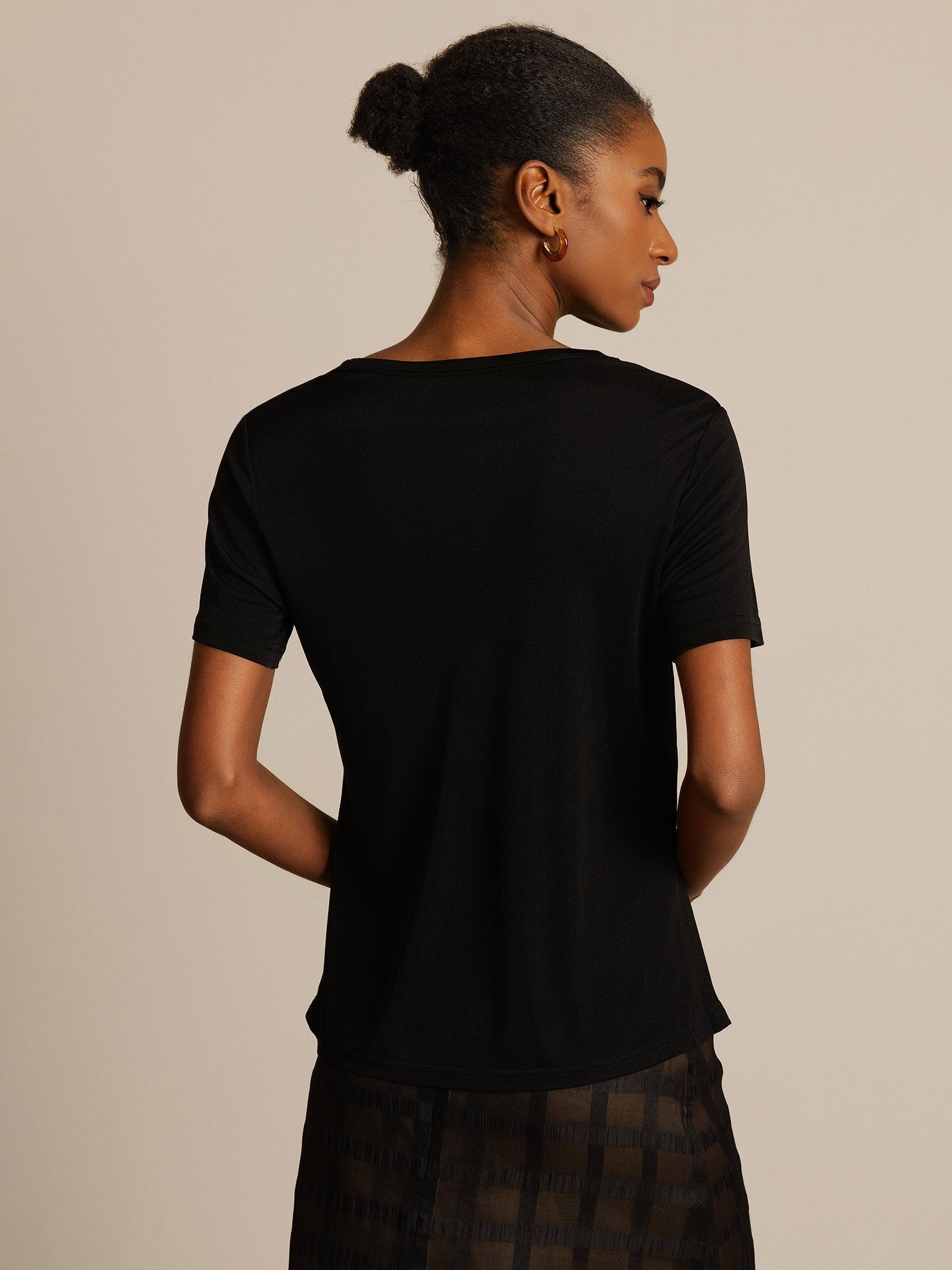 [Noir] SilkSilky-FR Soie Tricotée Col Rond Femme T-Shirt 002