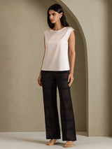 [Beige] SilkSilky-FR Cap Sleeve Round Neck Femme T-Shirt 007