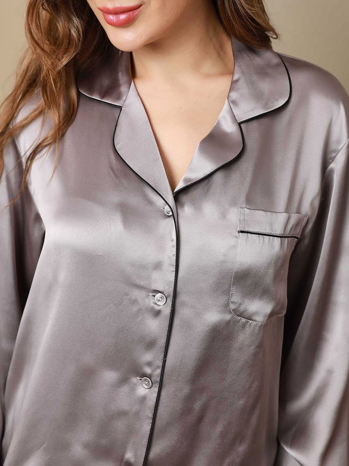 [Gris] SilkSilky-FR Manches longues Col Cranté Femme Pyjamas 007