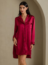 [Rouge Vineux] SilkSilky-FR Long Sleeve Lapel Collar Chemise pour dormir 001