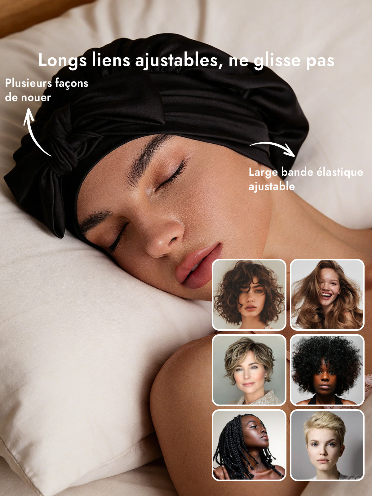 [Noir] SilkSilky-FR Soie Sleep Cap 004