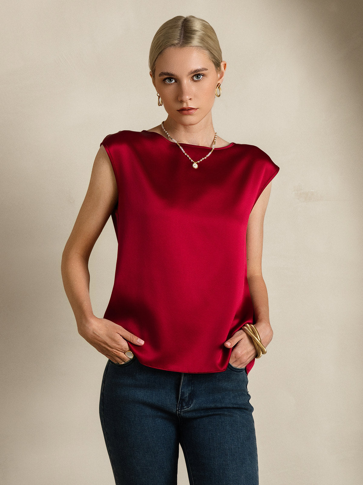 [Rouge Vineux] SilkSilky-FR 19Momme Soie Col Rond Femme T-Shirt 006