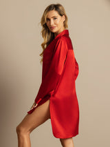 [Rouge] SilkSilky-FR Long Sleeve Lapel Collar Chemise pour dormir 002