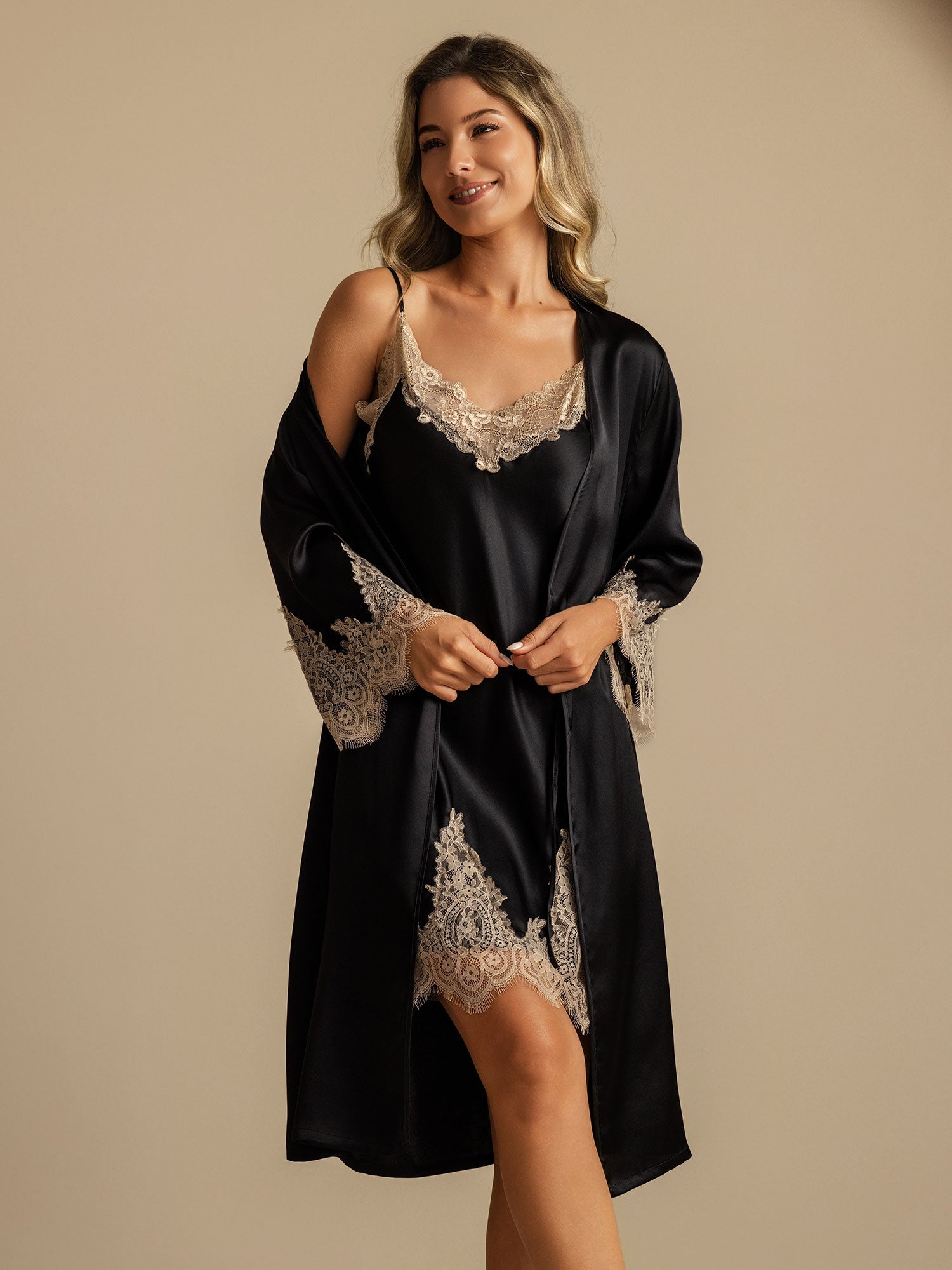 [Noir] SilkSilky-FR Trois-quart Col V Peignoir&Robe de Chambre 006