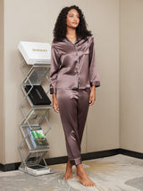 [Café] SilkSilky-FR Long Sleeve Lapel Collar Femme Pyjamas 005