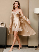 [Champagne] SilkSilky-FR 3/4 Sleeve V Neck Peignoir&Robe de Chambre 001