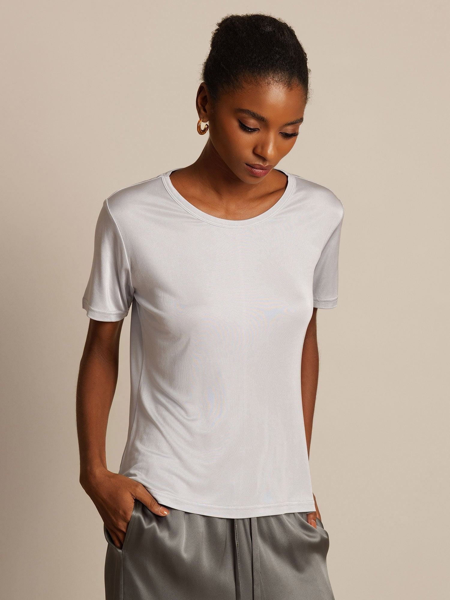 [Argent] SilkSilky-FR Soie Tricotée Col Rond Femme T-Shirt 003